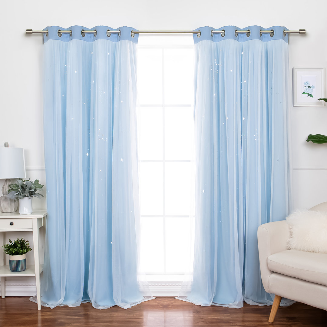 Night Sky Laser Punch Tulle Overlay Room Darkening Silver Grommet Curtains (Set of 2) Mercer41 Curtain