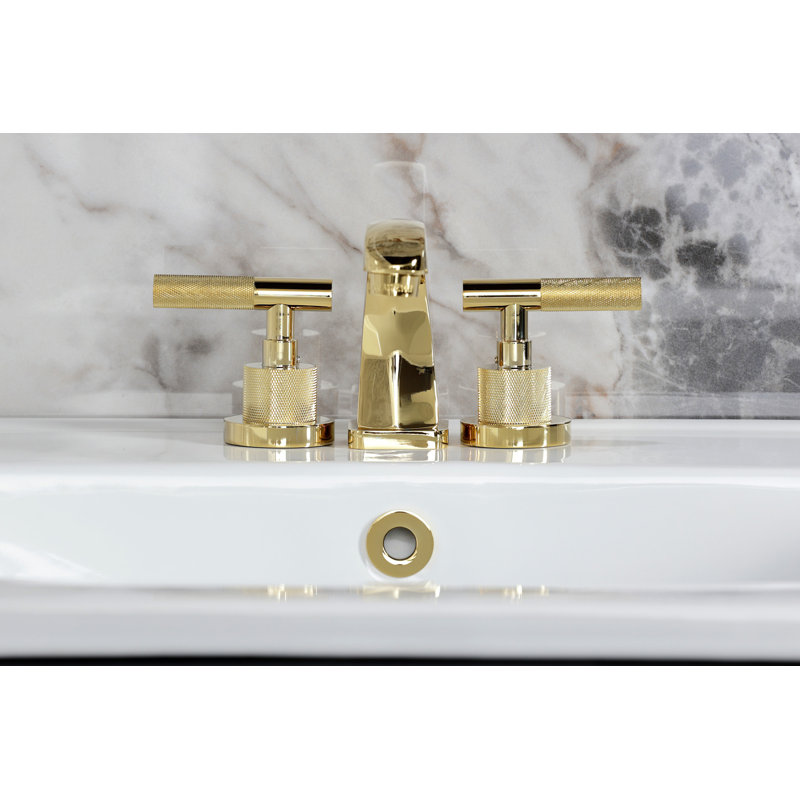 Robinet de salle de bain espacé à deux poignées à fixation sur le comptoir avec poignée moletée et bonde escamotable en laiton Kingston