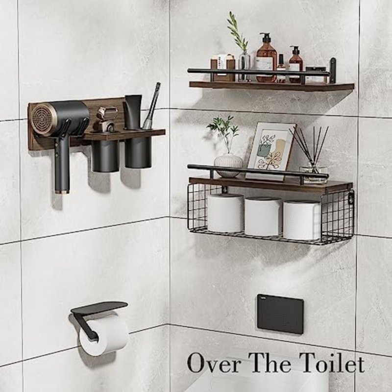Tablettes flottantes de salle de bain avec support pour sèche-cheveux, tablette murale en bois avec rangement pour séchoir