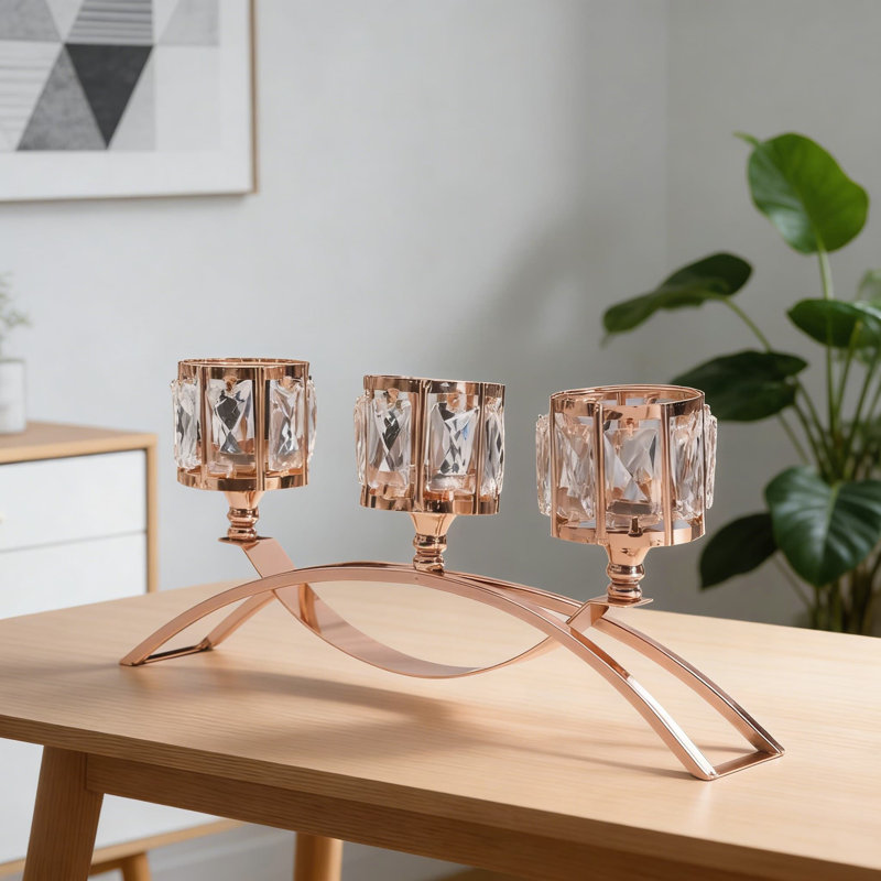 Gold Crystal Candelabra Centerpiece Set Of 2, 3-Arm Tealight Holder With Arch Design For Dining Table, Wedding, And Home Decor