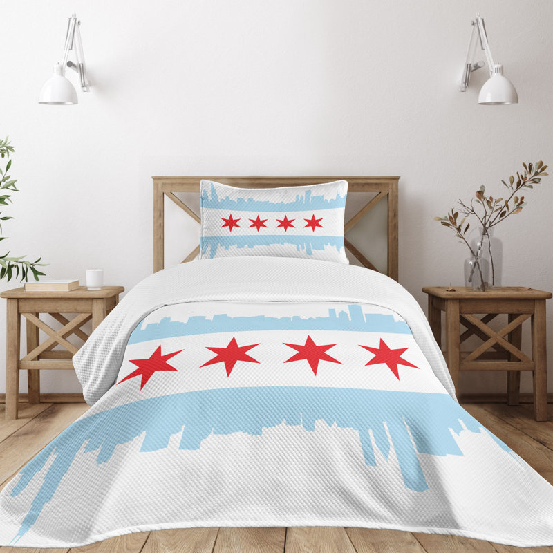 White and Pale Blue Twin Quilted Bedspread Set with Pillow Sham