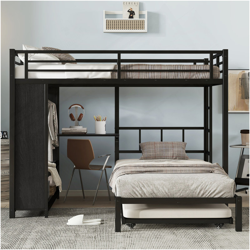 Lit superposé double au-dessus de simple avec garde-robe intégré, lit superposé en métal avec lit gigogne, bureau pliable, échelles, conception à réduction de bruit, noir
