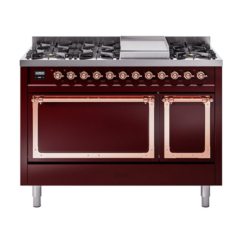 ILVE Nostalgie II Noblesse 48 in Dual Fuel Range, 8 Burner, Griddle, Natural Gas, Burgundy/Copper