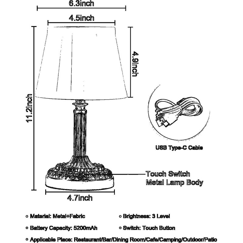 Lampe de table rechargeable sans fil avec batterie 5200Mah, contrôle tactile à 3 niveaux d'intensité variable, lumière blanche chaude portative pour la cuisine de la chambre à coucher, la salle à manger, le patio, l'intérieur et l'extérieur