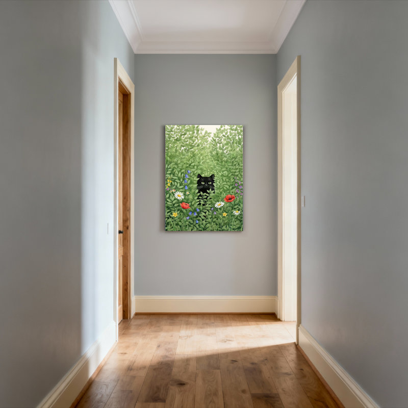 Chat noir dans un jardin fleuri, toile tendue sur châssis, lot de 1, H 48 po x l 32 po