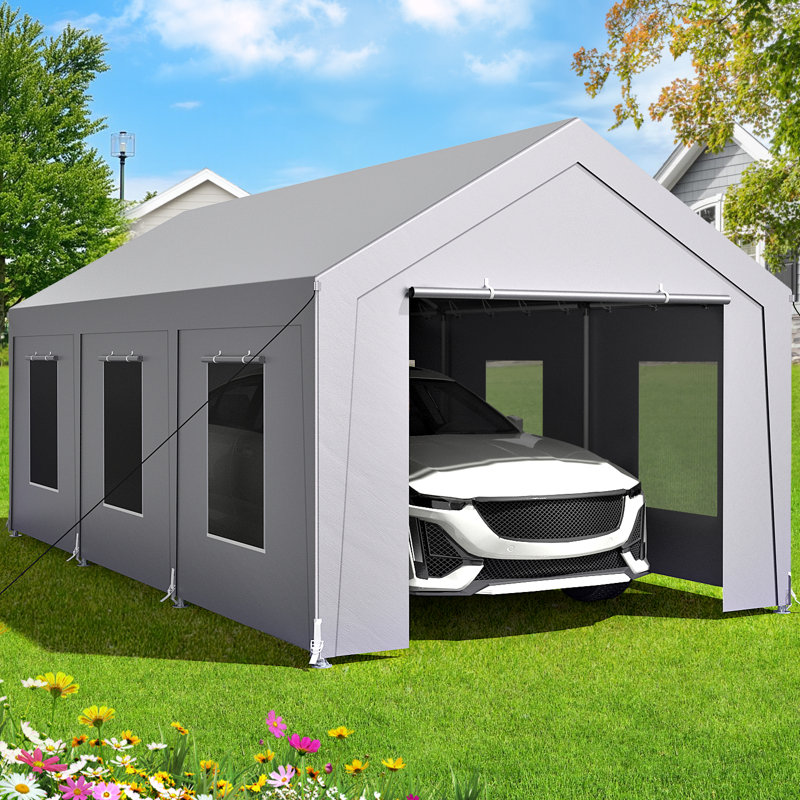 Vita 10' W x 20' D Heavy Duty Carport Portable Garage Storage Shed Canopy with 6 Mesh Windows, Light Gray