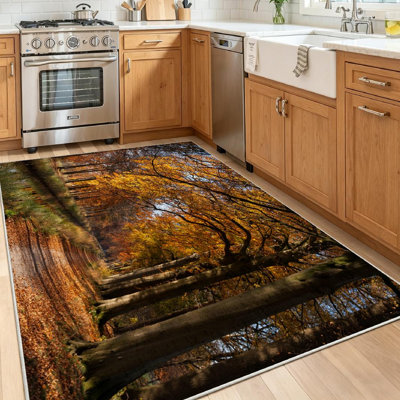 Tapis d'intérieur transparent lavable à la machine, motif arbres d'automne et village de canaux