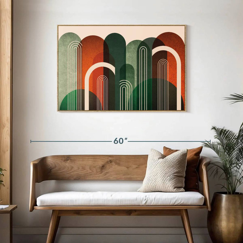 Arches du milieu du siècle, orange, vert, Cadre flottant en bois naturel, 43 po x 29 po