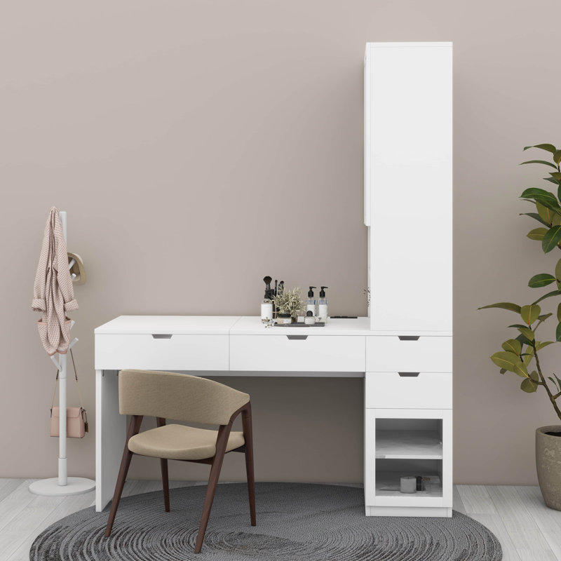  Table de coiffeuse avec miroir et plateau de maquillage avec bibliothèque et station de recharge