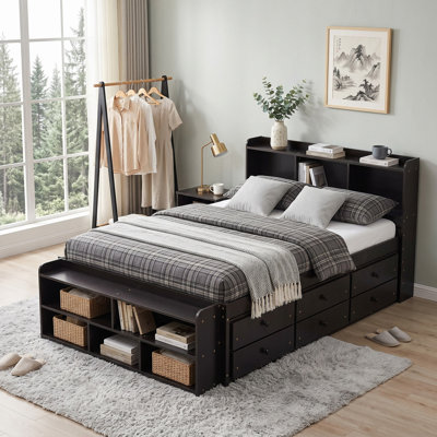 Full Size Bed With Bookcase Headboard, Underbed Drawers & Bed End Storage Cabinet