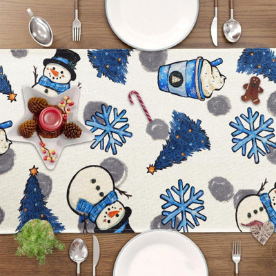 Chemin de table d'hiver, Noël, bonhomme de neige bleu, crème glacée, flocon de neige, arbre, chemin de table décoratif saisonnier pour la cuisine de campagne, salle à manger, décorations de fête intérieure, 13 x 72 pouces