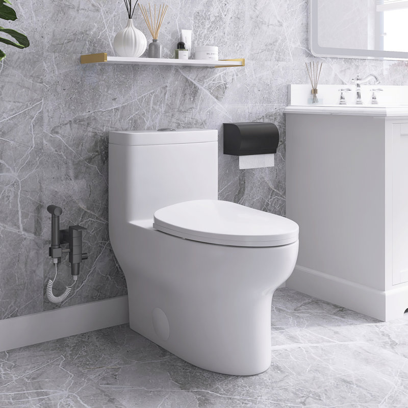 Toilette allongée 12 po à une chasse d'eau 1,6 / 1,1 GPF dans une pièce et siège blanc inclus 12 po