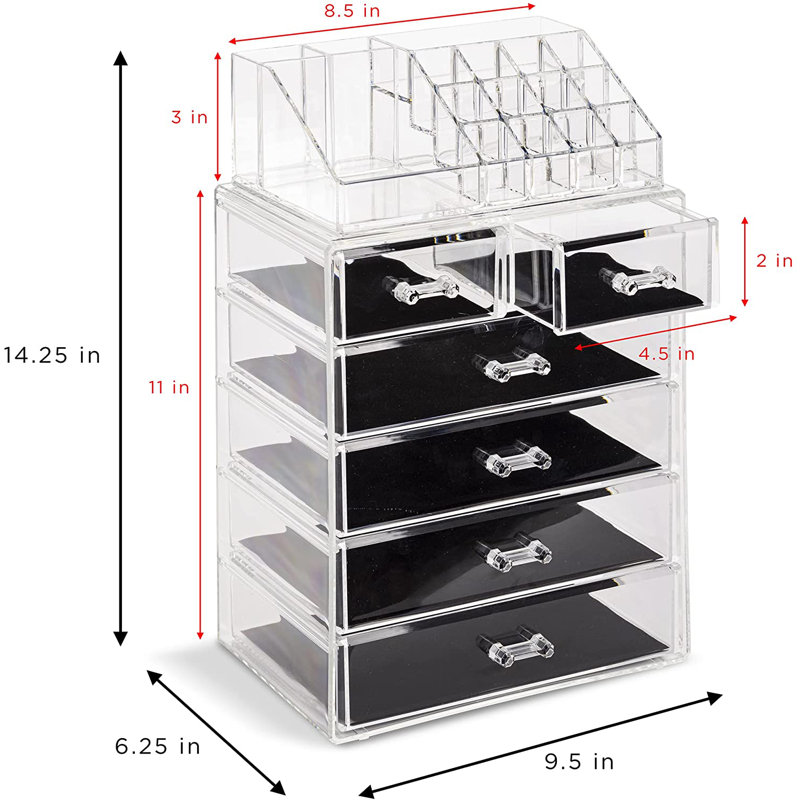 Sorbus Acrylic Makeup and Jewelry Storage Organizer Case, 2 Piece in Clear