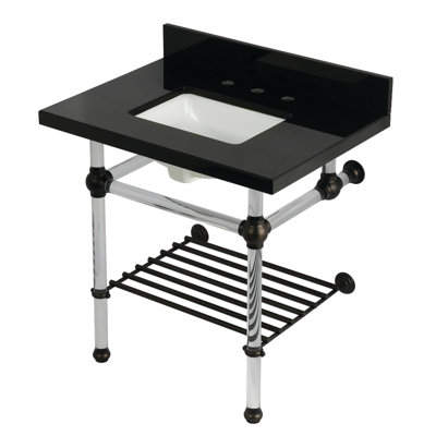 Évier console KVPK3030KASQB1 en laiton Kingston de 30 po avec pieds en acrylique (8 pouces, 3 trous) Kingston, granit noir