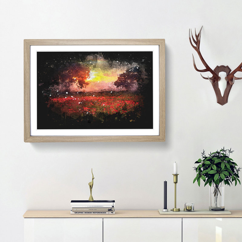 Poppy Meadow - Single Picture Frame Print on MDF, 33cm H x 45cm W x 2cm D, Oak Framed