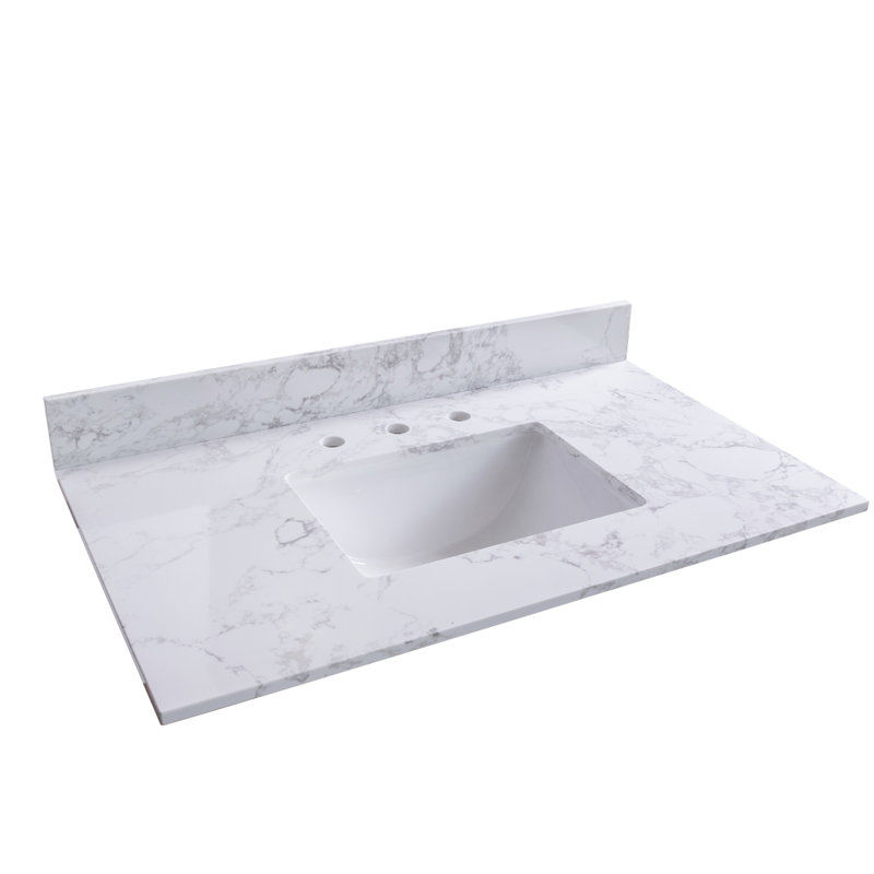 Dessus de meuble-lavabo en pierre de 37 po blanc de style nouveau Carrara avec lavabo rectangulaire encastré en céramique et dosseret avec 3 trous de robinet pour l'armoire de salle de bain