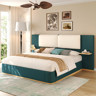 Lit plateforme grand avec panneaux latéraux, coins arrondis aux orteils, lit luxueux enveloppé de tissu, coussins en cuir souple pour plus de confort, assemblage facile sans sommier tapissier, intégré