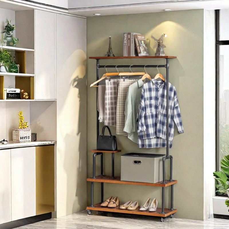 Tablette autoportante de style industriel avec porte-vêtements, unité de rangement pour vêtements robuste