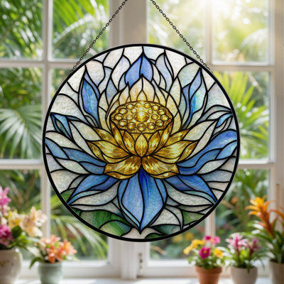 7.8"H Lotus Flower Stained Glass Window Panel