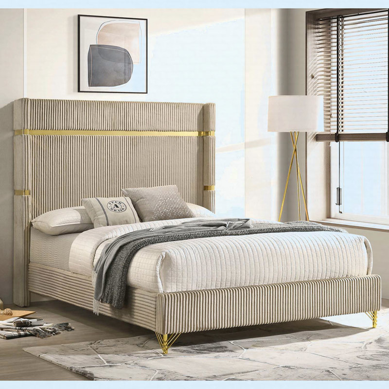 Malcolm Beige Upholstered Queen Wingback Bed