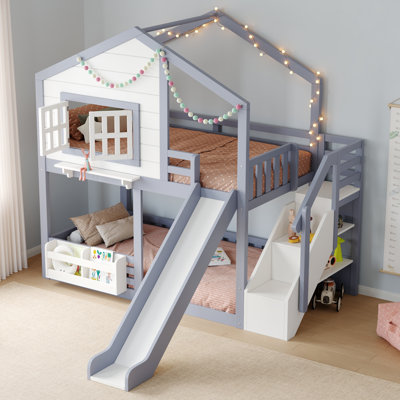 Lit mezzanine avec glissade, escalier de rangement et bibliothèque, lit enfant avec barrières de sécurité, conception cabane de jeu, porte-vêtements latéral, cadre en bois massif pour filles et garçons, chambre