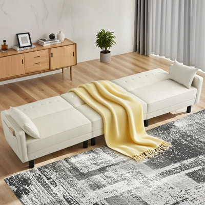 106.3" Convertible Futon Sofa Bed Futon Couch With Adjustable Split Back, Storage Pockets & Pillows, Leather Sleeper Recliner For Living Room Bedroom Office Small Space