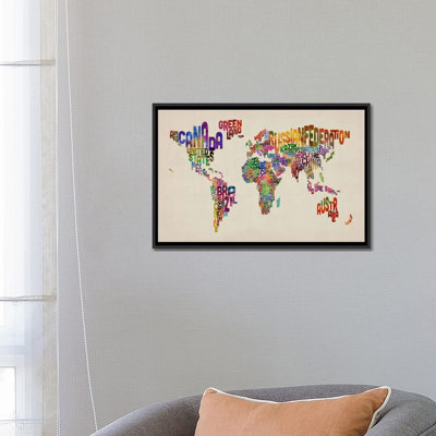 Texte typographique, carte du monde, Michael Tompsett, reproduction d'art graphique sur toile