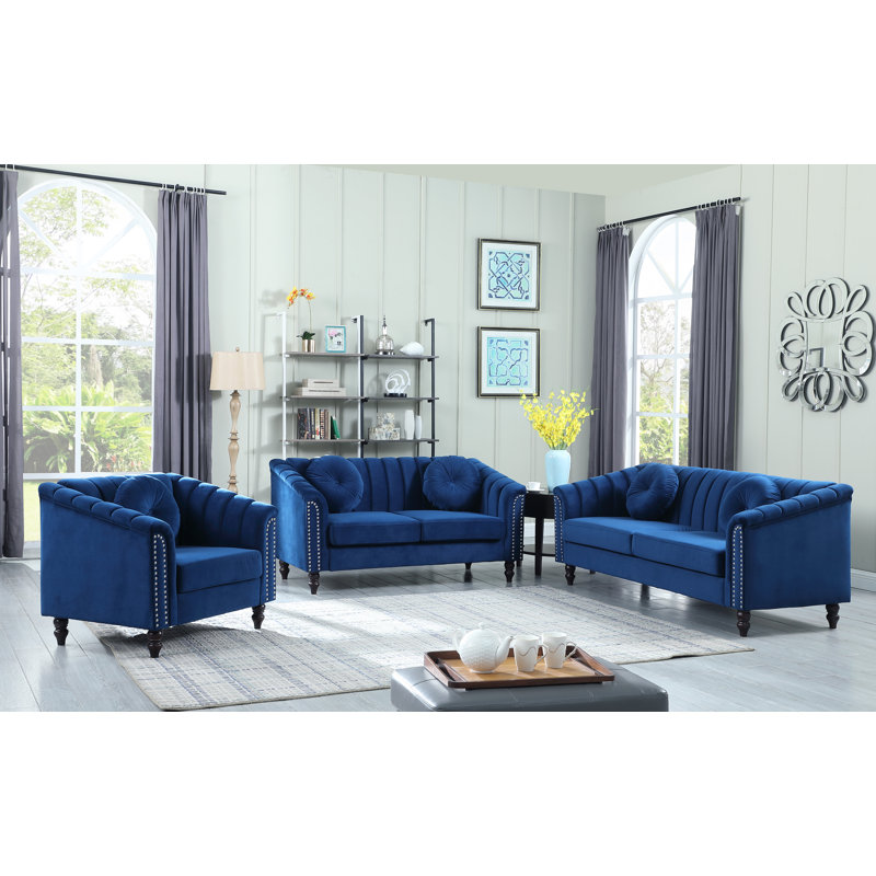 Ensemble de salon en velours 3 pièces Garvy, Velours bleu marine