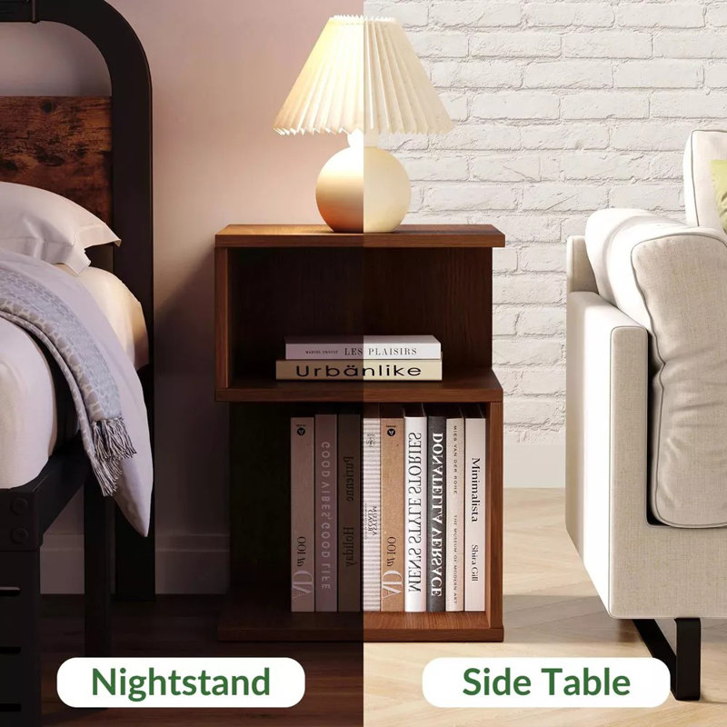 20'' S-Shaped End Table and Bookcase With Open Storage Shelves, Brown