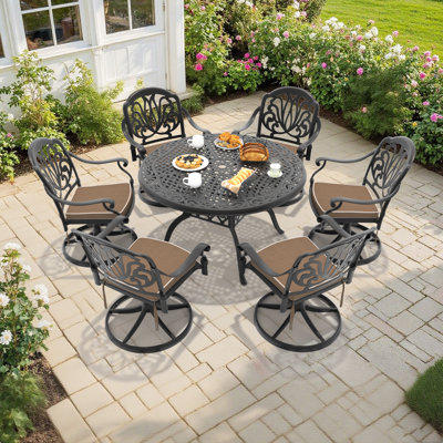 All-Weather Cast Aluminum Dining Set, Include Swivel Chairs And Round Table With Black Frame
