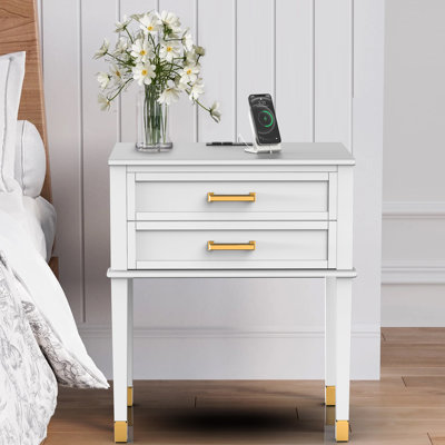 Table de chevet en bois massif avec grand tiroir, 2 prises de courant, 1 port USB et 1 port de type C