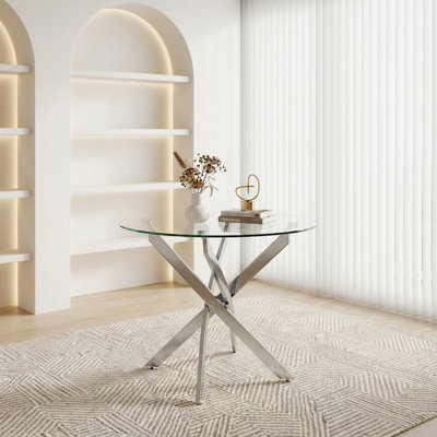 Table de salle à manger ronde, table de salle à manger en verre 35,5 po avec pieds argentés, table de cuisine moderne pour la maison, salle à manger