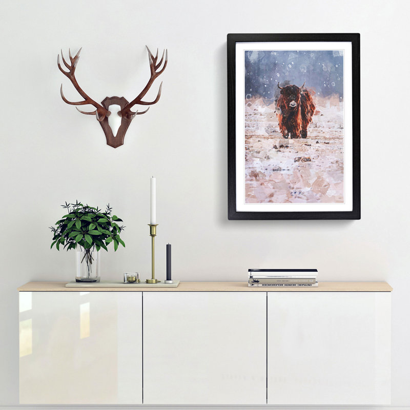 Lone Cow at Winter in Abstract - Picture Frame Graphic Art Print, 76cm H x 50cm W x 2cm D, Black