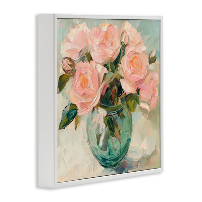 Roses roses dans un vase vert, estampe numérique, design par Gina Kelly