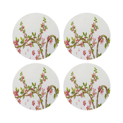 Cherry Blossom Red Vegan Leather Round Coasters