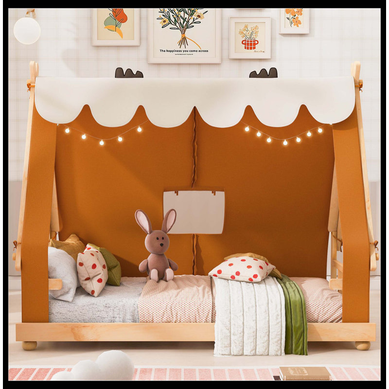 Lit simple avec tente et lit clair brun, Simple, Brun