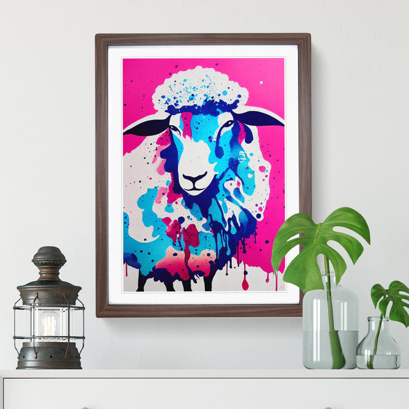 Colourful Sheep No.5 Abstract - Single Picture Frame Painting, 46cm H x 34cm W x 2cm D, Walnut