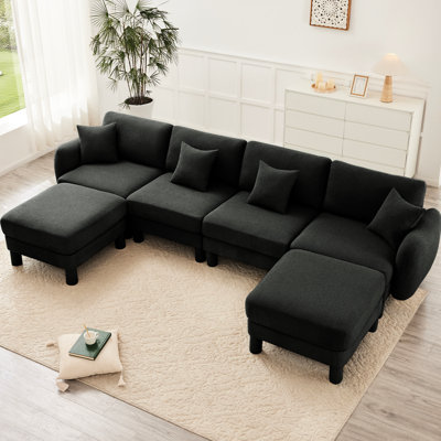 Dark Grey 4 Boucle Fabric U Shape Sectional Couch With Comfortable Seating Configuration, 2 Movable Ottomans And Cylindrical Legs For Family Time In Spring System, Self Wrapped Long-Term Comfort