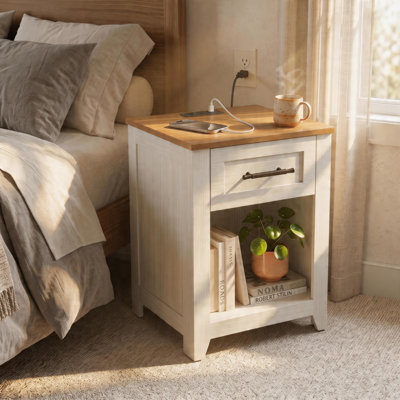 1 table de chevet PCS Farmhouse avec 1 tiroir et compartiment ouvert, table d'appoint avec station de charge et tablette de rangement pour la chambre à coucher et le salon