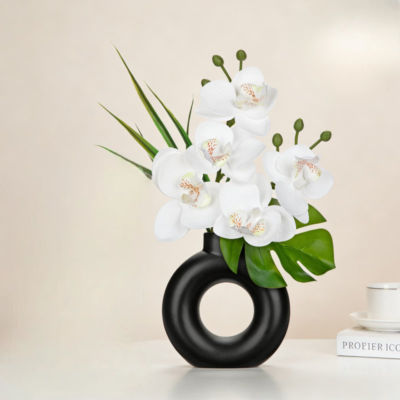 Ensemble de 2 orchidées en soie artificielle avec pot en céramique, fleurs d'orchidées blanches réalistes pour bureau moderne