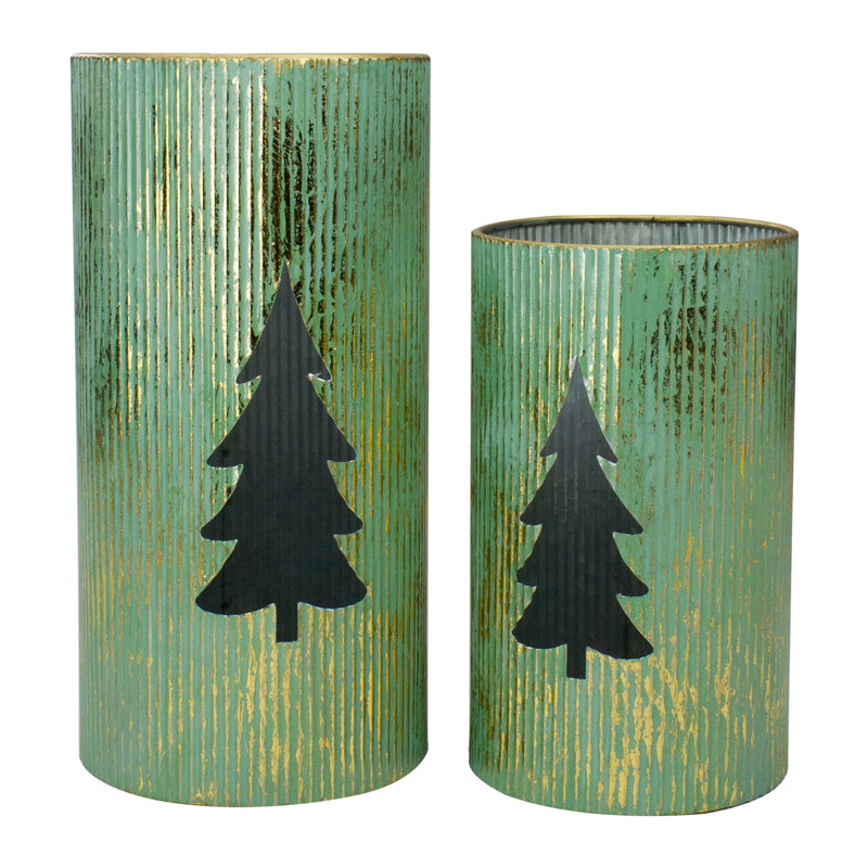 Rustic Green and Gold Christmas Tree Tabletop Lanterns