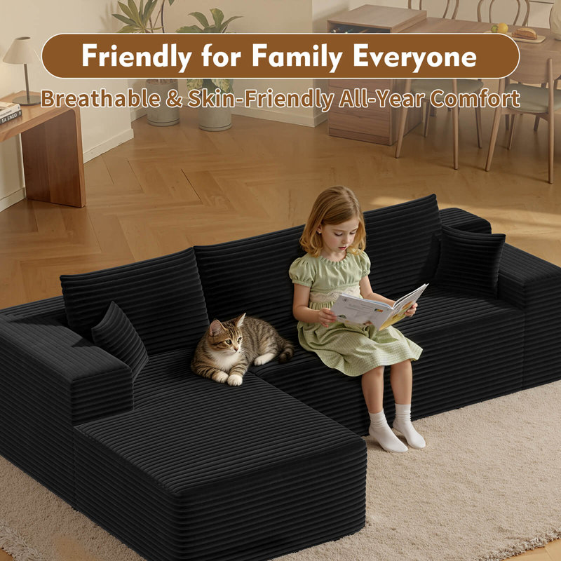 105'' Boneless Couches for Living Room: Compressed Floor Boneless Couch, 70D Memory Foam Modular L-Shaped Modern Corduroy Sofa for Living Room Bedroom