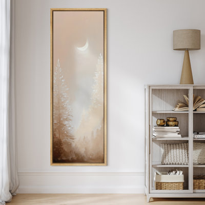 Moonlit Forest Serenity – Beige Pine Trees under Crescent Moon Glow - Large Framed Canvas Master Bedroom Wall Art Print