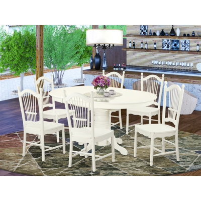 Ensemble de table et chaises de cuisine 7 pièces comprenant une table de salle à manger ovale avec rallonge papillon et 6 chaises, lin blanc