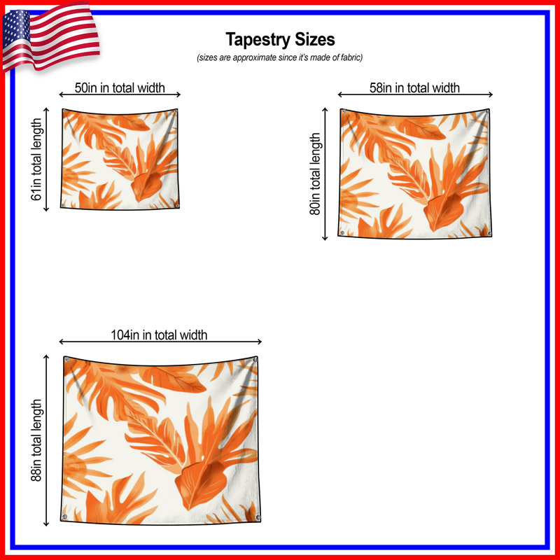 Tapisserie murale feuilles tropicales orange - Décoration murale tropicale, 50in H x60in W with 4 Grommets