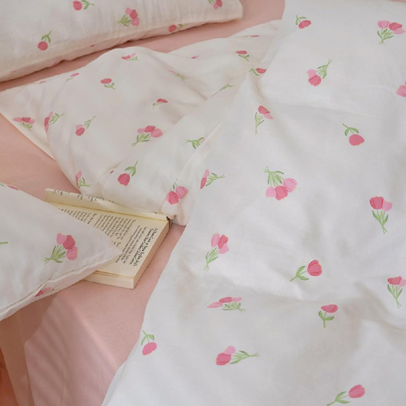Ensemble de literie à motif floral tulipe rose et blanc, Édredon très grand