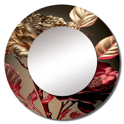Sandel Vintage Glam Rose VI - Floral Large Mirror, Pink Round Decorative Wall Mirror, Printed Metal Art