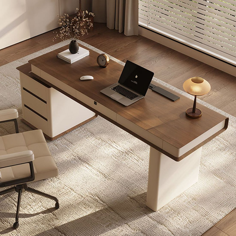 Bureau rectangulaire à 6 tiroirs en bois manufacturé brun noisette + kaki clair, Retour à gauche