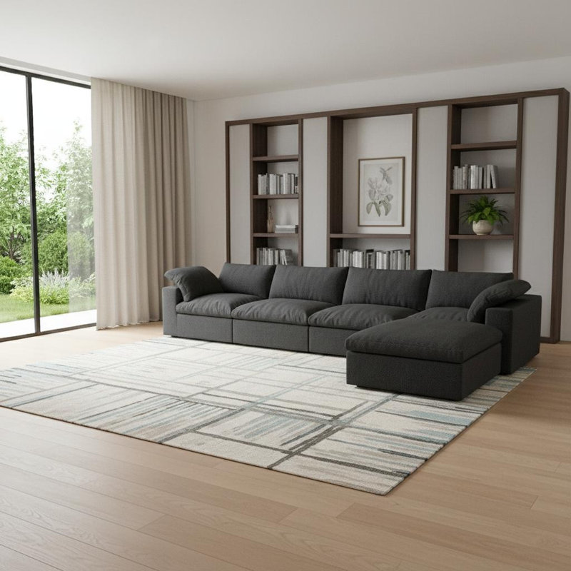 Canapé modulaire droit 160 po en mélange de lin noir avec repose-pieds et coussins décoratifs
