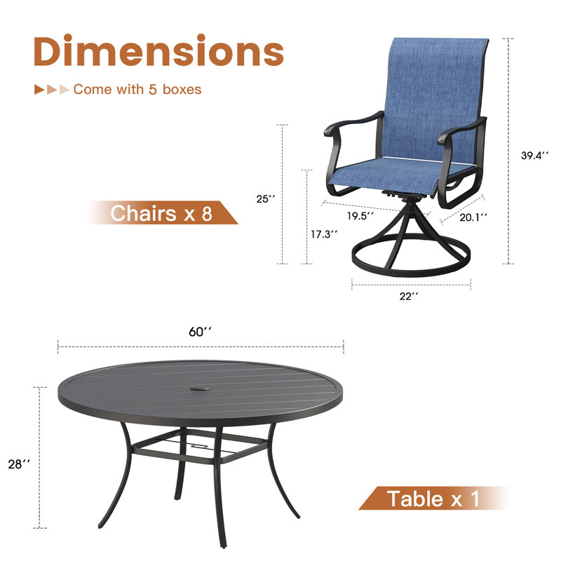 Ensemble de salle à manger de patio pour 8 personnes avec table ronde de 60 po et 8 chaises pivotantes en textilène Bray